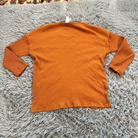 Free People Beach Burnt Orange Waffle Ribbed Knit 3/4 Sleeve Top Medium V Neck - Picture 8 of 9